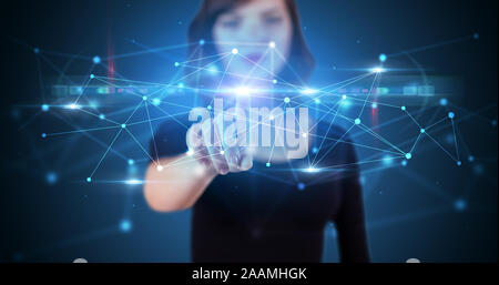 Woman touching hologram screen displaying modern web system Stock Photo