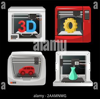 3D Printer Set, with computer software, computer three dimensional set. Digitally generated image vector illustration cartoon. Stock Vector