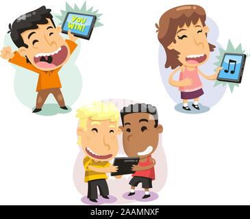 Children Kids playing with computer tablets Technology, vector illustration cartoon. Stock Vector