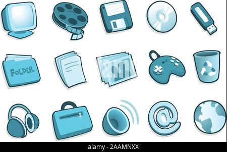 PC system icons, with Screen Tv, Screener, Movie, Diskette, DVD, CD, CD-Room, Pen drive, Headphones, joystick, cup, pictures, cards, envelope Stock Vector