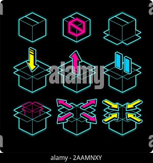 Box neon light icons, with direction arrows: up, down, left and right. Parallel, outside, inside, closed opened, inside. Vector illustration cartoon. Stock Vector