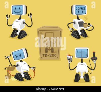 Robot Set with happy coffee angry playing robots vector illustration. Stock Vector