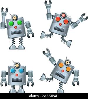 Retro Silver Robot Set vector illustration. Stock Vector