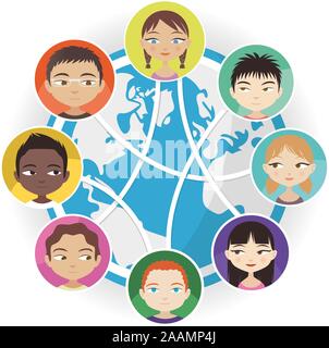 Global communication Social Media People Worldwide Connected, vector illustration cartoon. Stock Vector