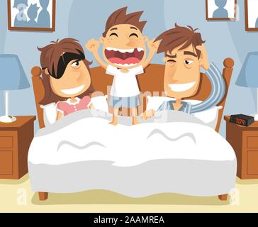 little boy waking up mom and dad much too early. Stock Vector
