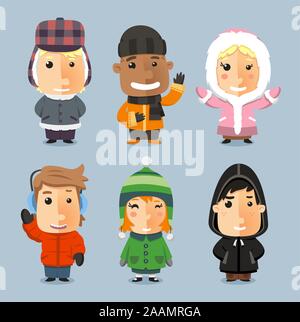 Kids wrapped up with Winter Cloth Sheltered, with mad bomber, beanie hat, boot, pants, knit hat, Stock Vector