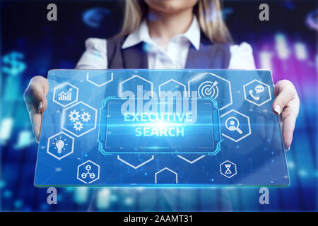 Business, Technology, Internet and network concept. Businessman working on the tablet of the future, select on the virtual display: executive search Stock Photo