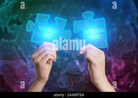 The concept of business, technology, the Internet and the network. Business solutions, success and strategy concept. Businessman hand connecting jigsa Stock Photo