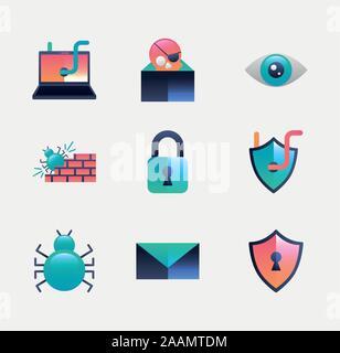 bundle of cyber security set icons Stock Vector