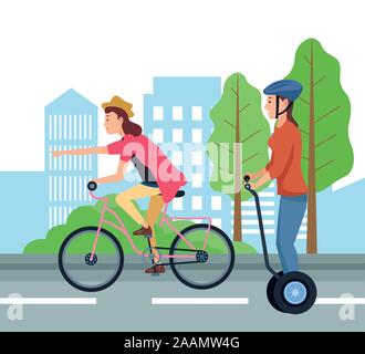 People on bike and segway vector design Stock Vector