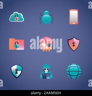 bundle of cyber security set icons Stock Vector