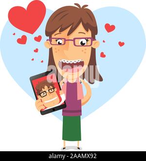 In love geek girl holding an Ipad with nerd boyfriend vector illustration, with heart shape backround and many hearts in different sizes in red and bl Stock Vector