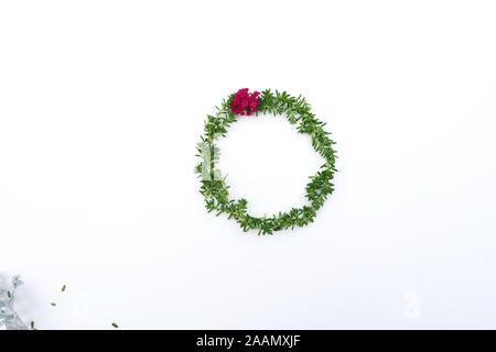 Abstract Christmas wreath with succulents and red yarrow on minimalist white background, creative flatlay, conceptual, room for copy, view from above Stock Photo