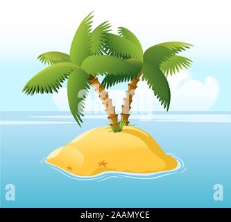 Desert Island With Palm Trees Surrounded by Blue Sea and Star fish, with star shape vector illustration cartoon. Stock Vector