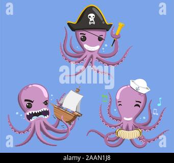 Octopus octopuses mollusk ocean coral reef animal, vector illustration cartoon. Stock Vector
