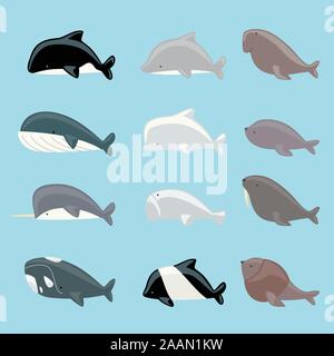 Marine mammals icon collection, with whale, dolphin, manatee, beluga, killer whale, narwhal, walrus, sea lion, blue whale vector illustration. Stock Vector