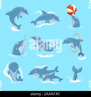 Nine Dolphin set collection, with dolphin playing with ball, with red ring, jumping, two dolphins, and swimming vector illustration. Stock Vector