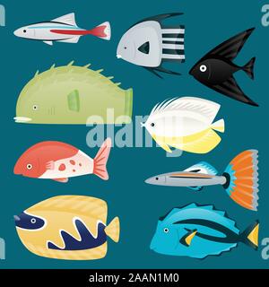 Deep water sea tropical aquatic marine fish set, Fantail Guppy, The Molly, Neon Tetras, Danios, Barbs, Bettas, Gouramis, Plecostomus, Oscars, Angelfis Stock Vector