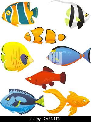 Fish Tropical Fishes Shoal, with eight 8 different fish in different colors and sizes. Fish vector illustration cartoon. Stock Vector