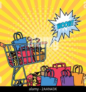 shopping bags inside cart retro vector design Stock Vector