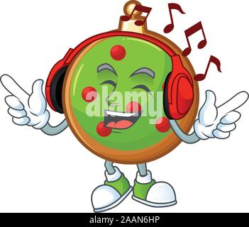Vector illustration of christmas ball cartoon style listening music. Stock Vector