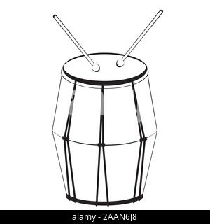 Music instrument drum with drumsticks in black and white design. Stock Vector