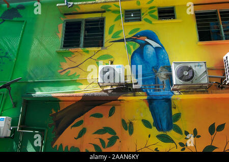 Bukit Bintang, Kuala Lumpur, Malaysia - 10th May 2019 : Close up picture of a Mural representing a blue King Fisher bird located in the colorful mural Stock Photo