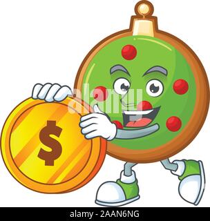 Mascot a bring coin in christmas ball cartoon. Stock Vector