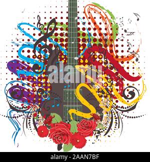 Retro style modern guitar colorful grunge illustration, music background. Stock Vector
