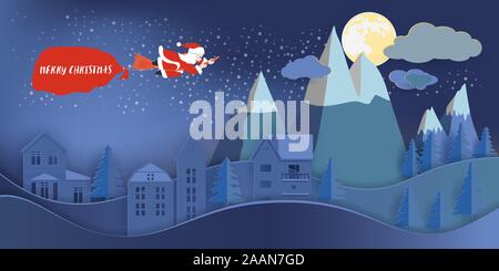 Santa claus riding broom and pull big bag contain present inside over house and big mountain in full moon night, Christmas concept. Vector illustratio Stock Vector