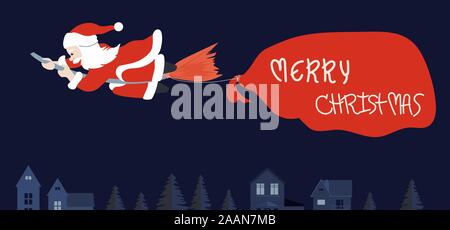 Santa Claus riding a broom and pull big bag contain present inside over house, Christmas concept. Vector illustration. Stock Vector
