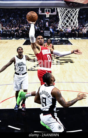 Houston Rockets' Russell Westbrook (0) shoots over Los Angeles Lakers ...