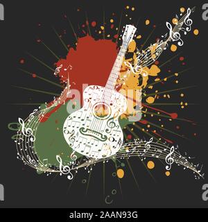 Grunge poster with stylized guitar and music notes. Stock Vector
