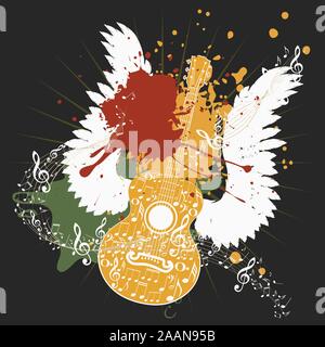 Grunge poster with stylized guitar and music notes. Stock Vector