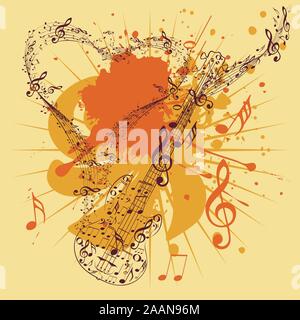 Grunge poster with stylized guitar and music notes. Stock Vector