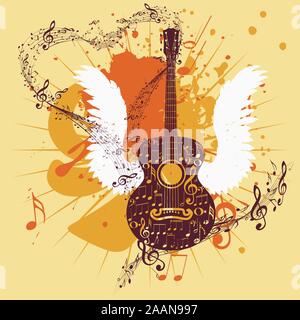 Grunge poster with stylized guitar and music notes. Stock Vector