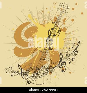 Grunge poster with stylized guitar and music notes. Stock Vector