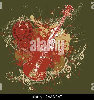 Grunge poster with stylized guitar and music notes. Stock Vector