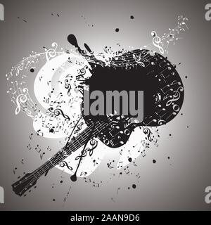 Grunge poster with stylized guitar and music notes. Stock Vector