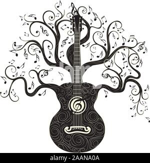 Vintage guitar silhouette with tree branches illustration. Stock Vector