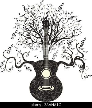 Vintage guitar silhouette with tree branches illustration. Stock Vector