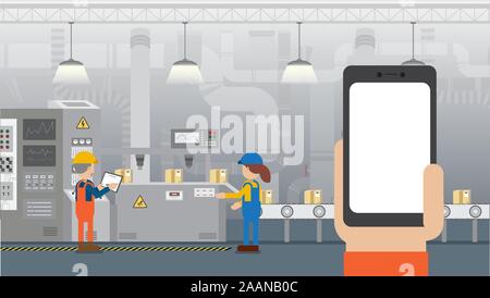 Hand hold empty screen mobile phone in factory with workers flat design vector illustration Stock Vector