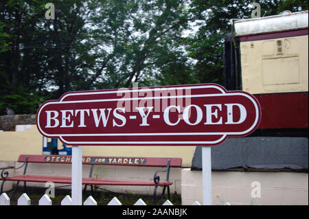 Miniature train station sign. Betws-y-coed. North Wales, United kingdom Stock Photo