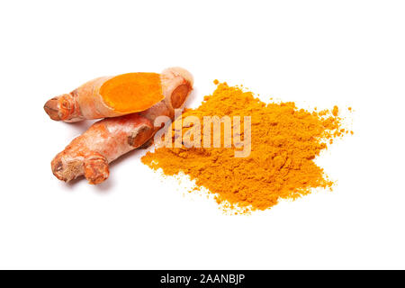 Turmeric root and powder isolated on white background close-up Stock Photo
