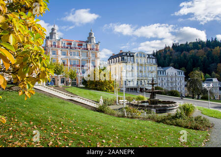 Goethe square and spa public park in autumn - center of Marianske Lazne (Marienbad) - great famous Bohemian spa town in the west part of the Czechia Stock Photo