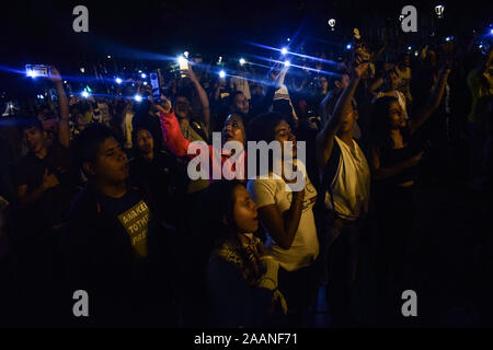 Peaceful 'cacerolazo' protest a day after the nationwide strike in Cali, Colombia, Thursday, Nov. 21, 2019. Stock Photo