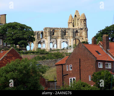 An unusual view of Whitby Abbey (North Yorkshire, England)  from the river Esk. In 664 the Synod of Whitby took place and decided the fixed date for Easter throughout the Christian world. Stock Photo
