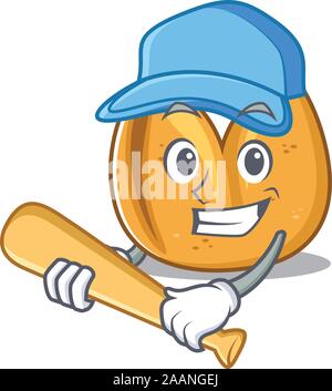 Funny smiling fortune cookie cartoon mascot playing baseball Stock Vector