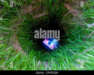 A display showing an eye looking out a hole in the ground as an art work at Swell Festival Currumbin Beach on the Gold Coast in Queensland Australia Stock Photo