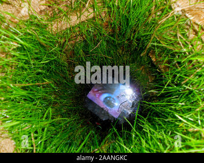 A display showing an eye looking out a hole in the ground as an art work at Swell Festival Currumbin Beach on the Gold Coast in Queensland Australia Stock Photo